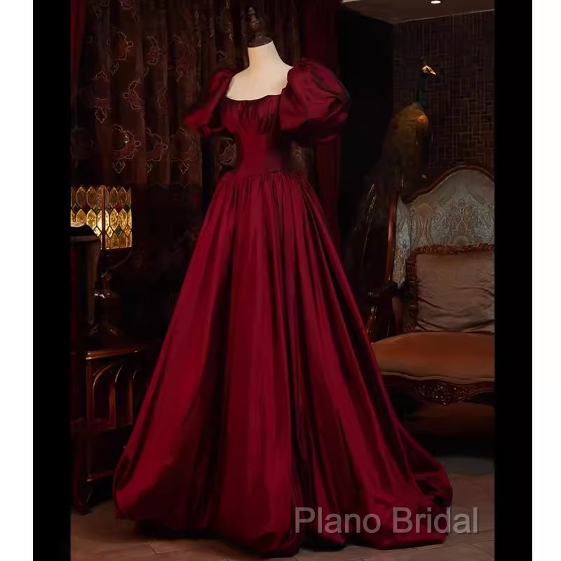 Beautiful Ball Gown Square Neckline Satin Long Red Formal Prom Dresses