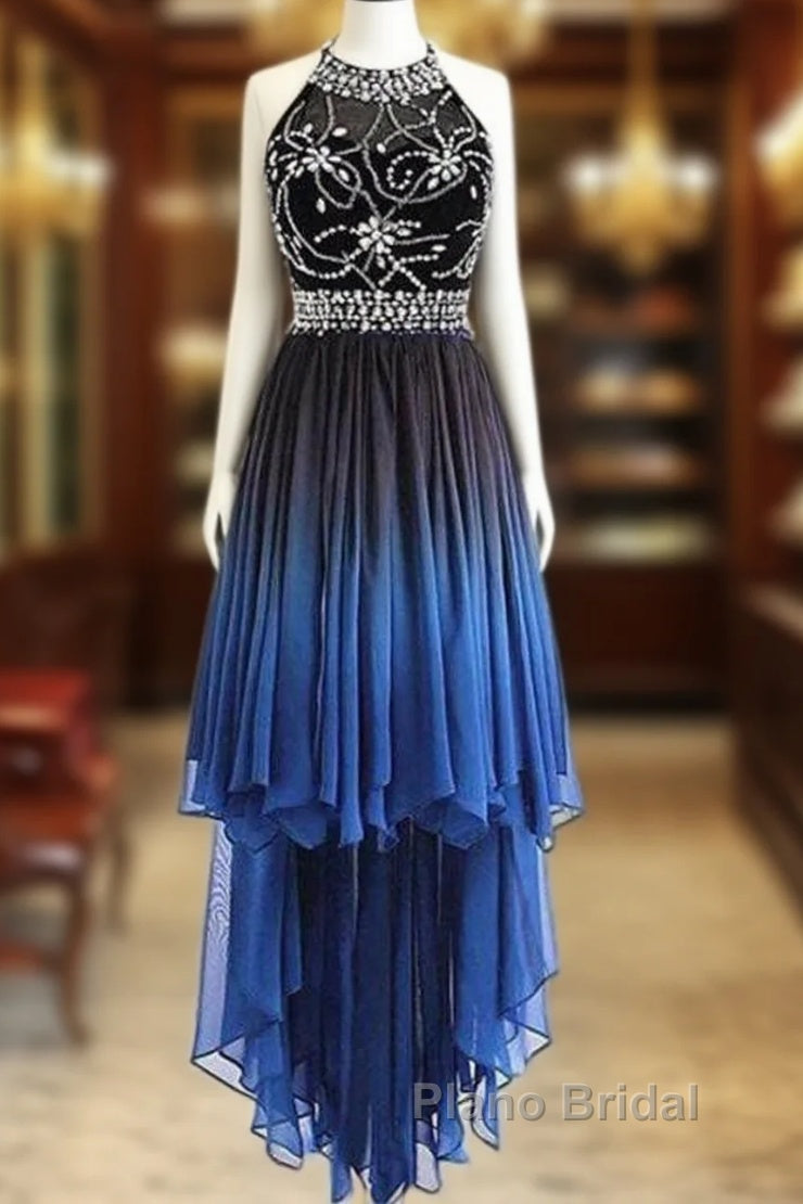 Beautiful Beaded High Low Chiffon Gradient Party Dresses, Blue Homecoming Dresses Main image