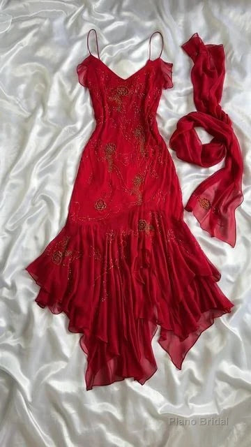 Beautiful Beaded Prom Dress Red Chiffon Mermaid Evening Dress Party Gown Secondary image