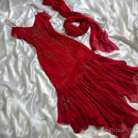 Beautiful Beaded Prom Dress Red Chiffon Mermaid Evening Dress Party Gown