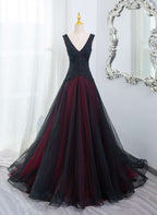 Beautiful Black And Red V-Neckline Tulle Beaded Formal Dresses, A-Line Formal Prom Dresses