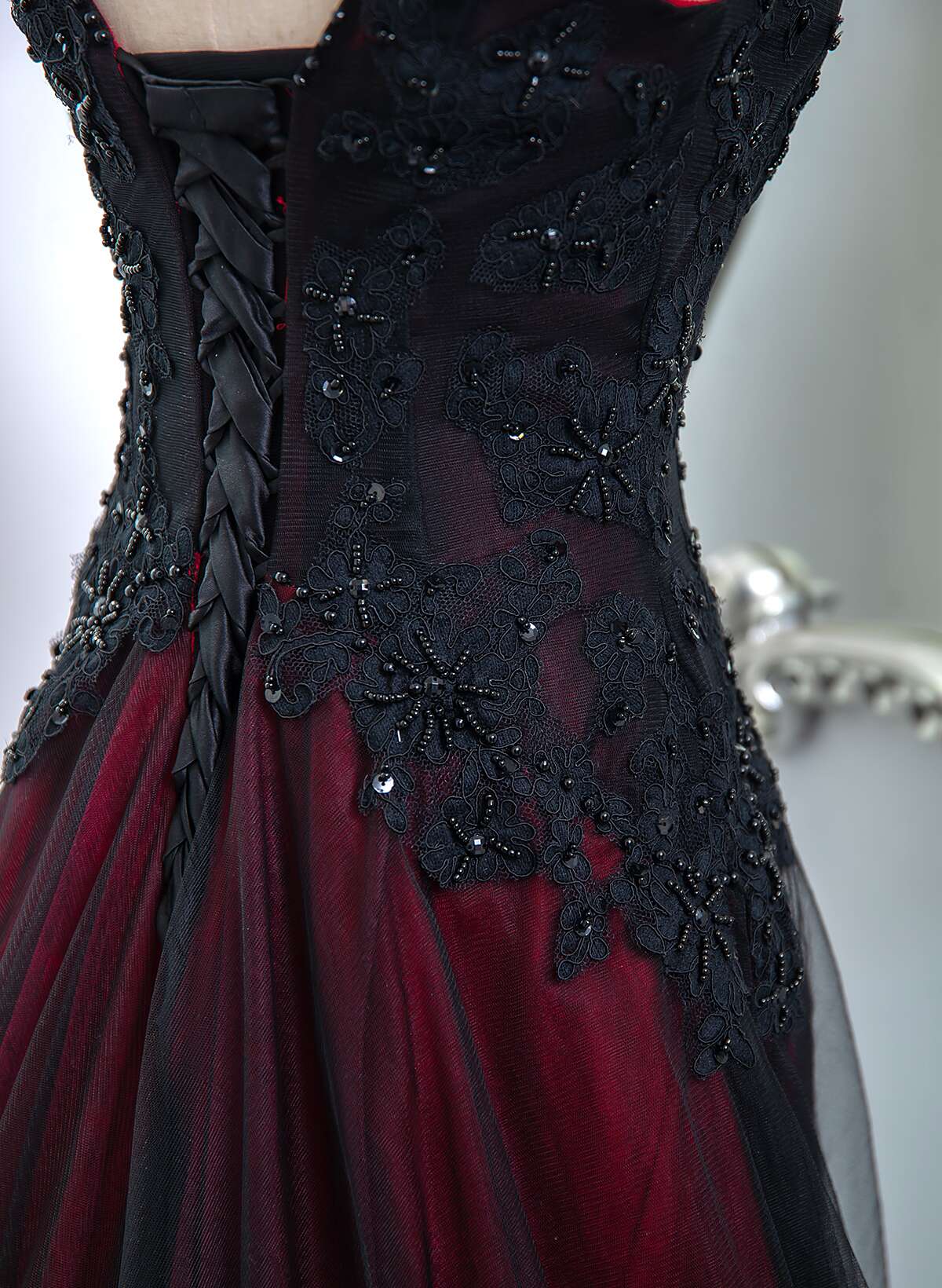 Beautiful Black And Red V-Neckline Tulle Beaded Formal Dresses, A-Line Formal Prom Dresses