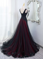 Beautiful Black And Red V-Neckline Tulle Beaded Formal Dresses, A-Line Formal Prom Dresses