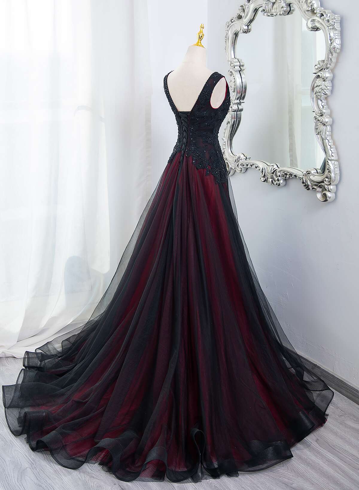 Beautiful Black And Red V-Neckline Tulle Beaded Formal Dresses, A-Line Formal Prom Dresses