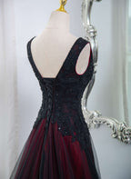 Beautiful Black And Red V-Neckline Tulle Beaded Formal Dresses, A-Line Formal Prom Dresses