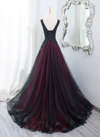 Beautiful Black And Red V-Neckline Tulle Beaded Formal Dresses, A-Line Formal Prom Dresses