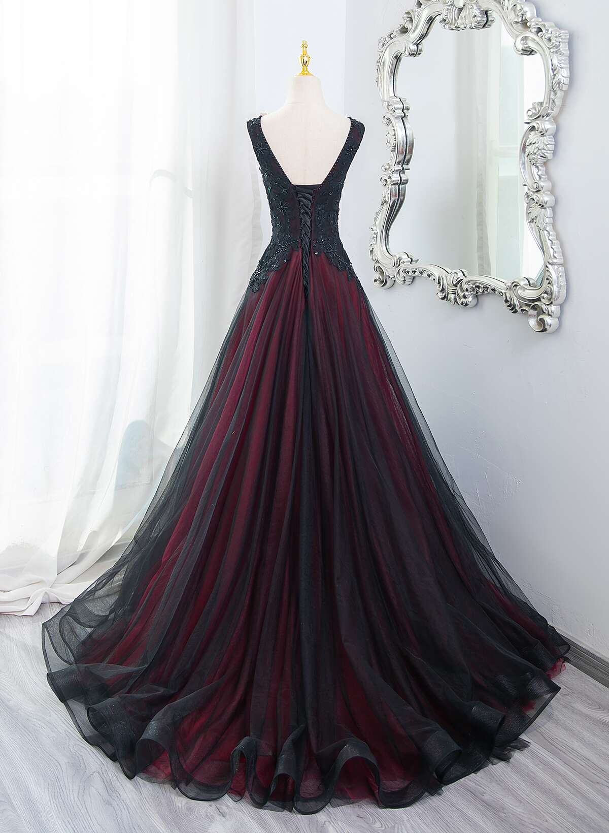 Beautiful Black And Red V-Neckline Tulle Beaded Formal Dresses, A-Line Formal Prom Dresses