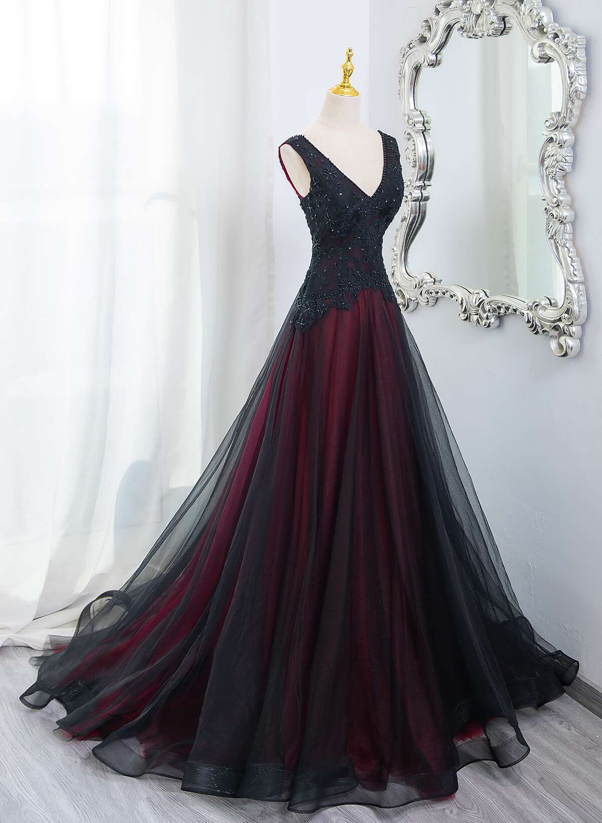 Beautiful Black And Red V-Neckline Tulle Beaded Formal Dresses, A-Line Formal Prom Dresses