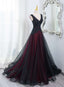 Beautiful Black And Red V-Neckline Tulle Beaded Formal Dresses, A-Line Formal Prom Dresses