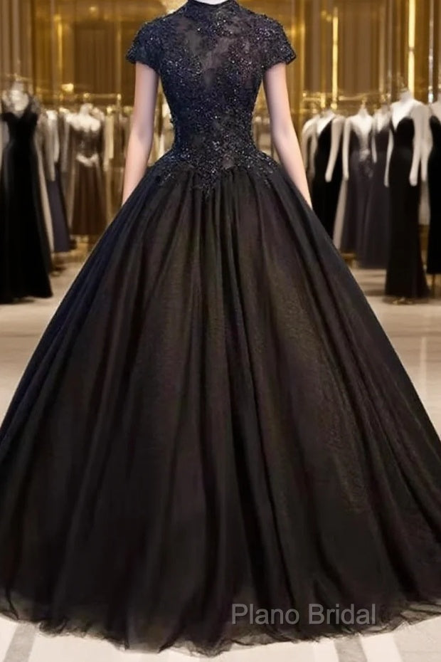 Beautiful Black Cap Sleeves Long Tulle Party Dresses, Black Formal Prom Dresses Main image