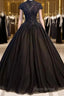 Beautiful Black Cap Sleeves Long Tulle Party Dresses, Black Formal Prom Dresses
