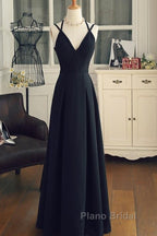Beautiful Black Chiffon Straps Long A-Line Junior Formal Prom Dresses, Black Party Gowns