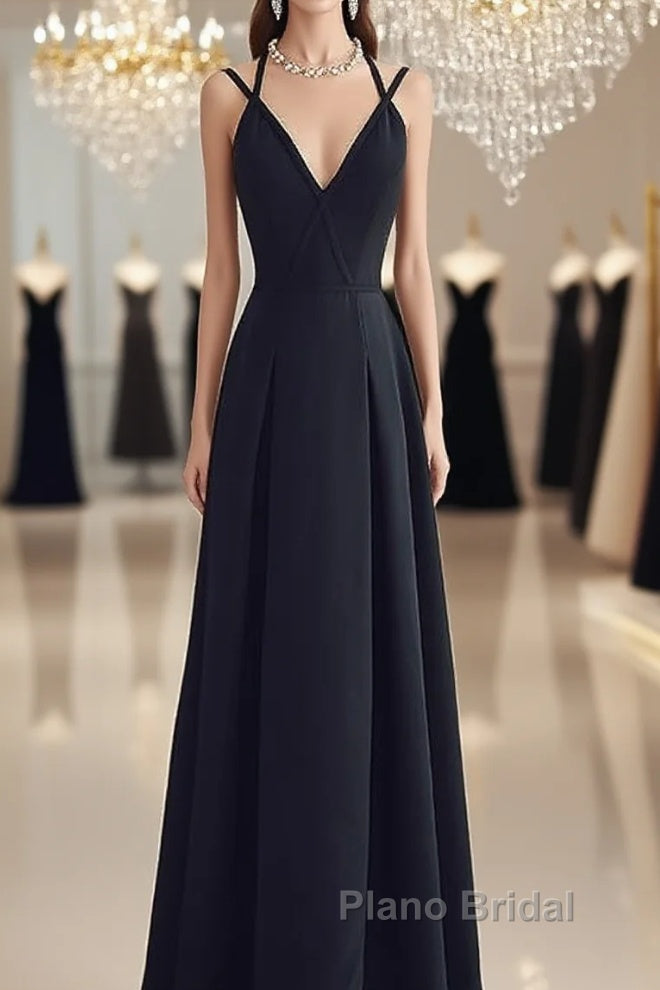 Beautiful Black Chiffon Straps Long A-Line Junior Formal Prom Dresses, Black Party Gowns Main image