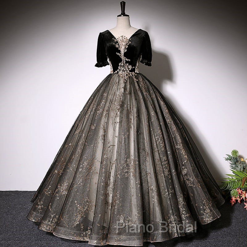 Beautiful Black Tulle Short Sleeves Long Party Dresses Black Short Sleeves Formal Prom Dresses Formal Prom Dresses shops