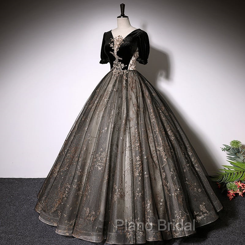 Beautiful Black Tulle Short Sleeves Long Party Dresses Black Short Sleeves Formal Prom Dresses Formal Prom Dresses shops