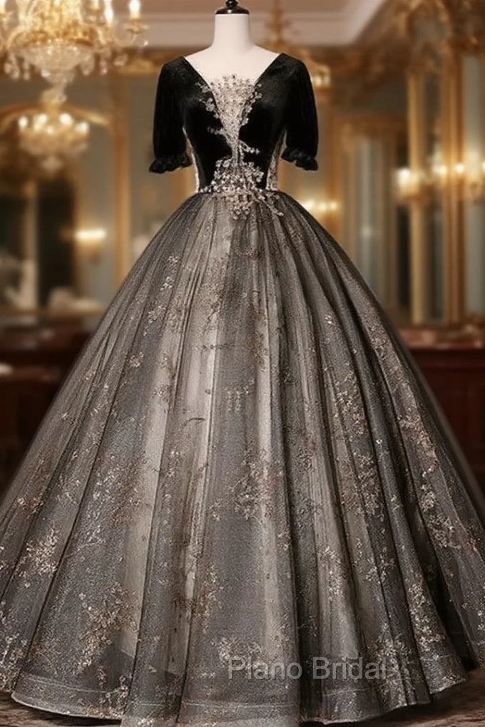 Beautiful Black Tulle Short Sleeves Long Party Dresses Black Short Sleeves Formal Prom Dresses Formal Prom Dresses shops Main image