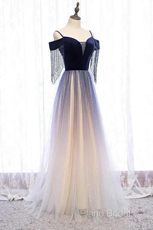 Beautiful Blue Gradient Tulle Long Party Dresses,A-Line Off Shoulder Formal Dresses Secondary image