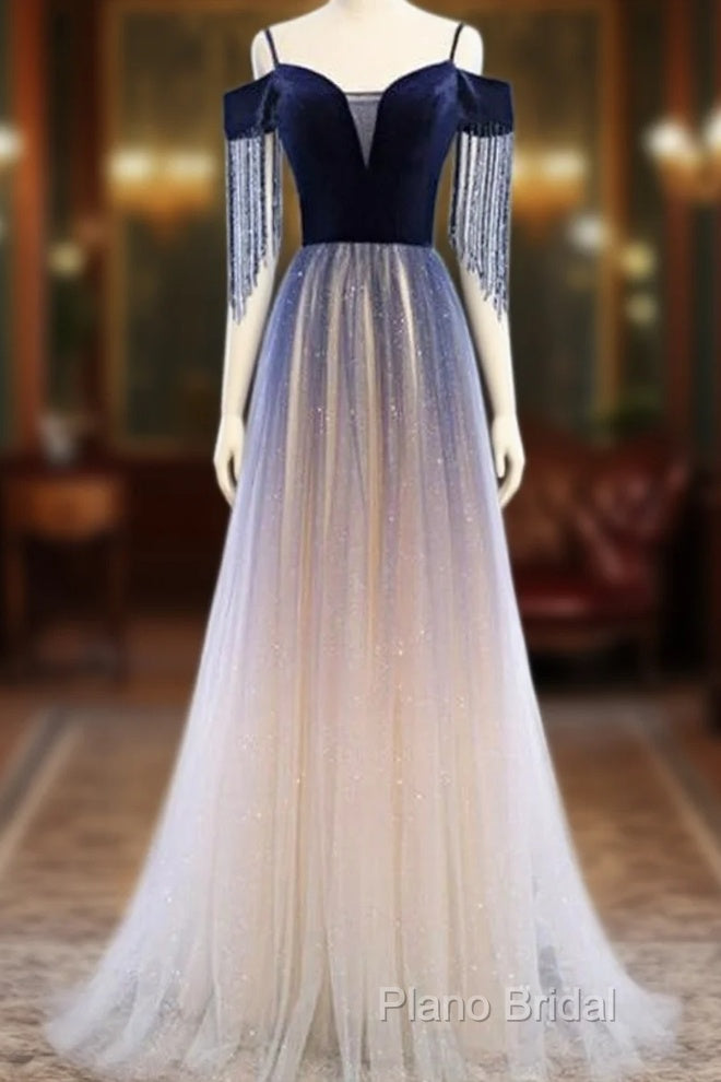 Beautiful Blue Gradient Tulle Long Party Dresses,A-Line Off Shoulder Formal Dresses Main image