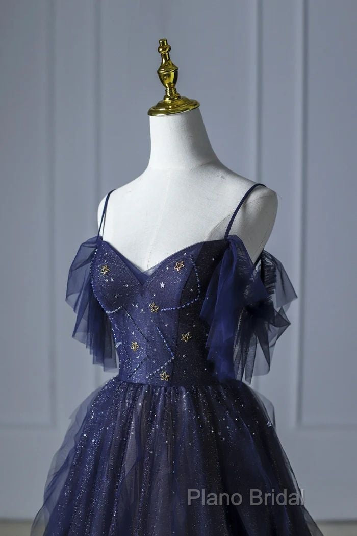 Beautiful Blue Gradient Tulle Long Formal Prom Dresses, Spaghetti Strap Formal Dresses