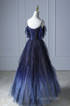 Beautiful Blue Gradient Tulle Long Formal Prom Dresses, Spaghetti Strap Formal Dresses