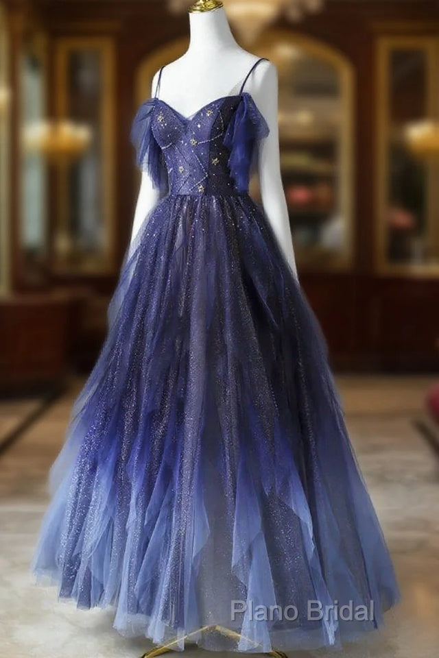 Beautiful Blue Gradient Tulle Long Formal Prom Dresses, Spaghetti Strap Formal Dresses