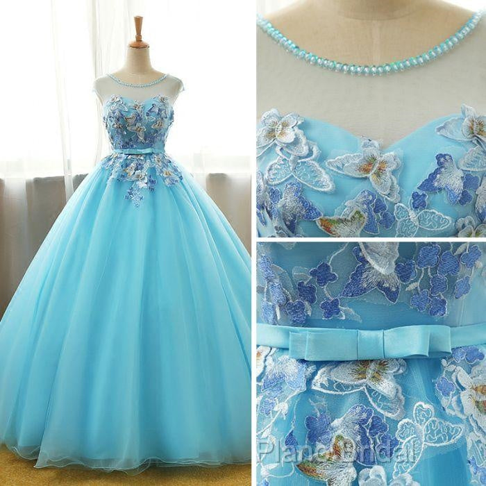 Beautiful Blue Round Long Party Dresses,Ball Gown Lace Applique Sweet 16 Dresses Secondary image