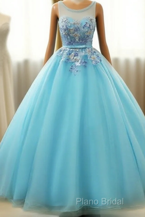 Beautiful Blue Round Long Party Dresses,Ball Gown Lace Applique Sweet 16 Dresses