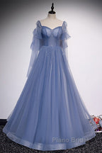 Beautiful Blue Sheer Beaded Long Party Dresses, A-Shaped Long Sleeved Backless And Floor Length Evening Dresses