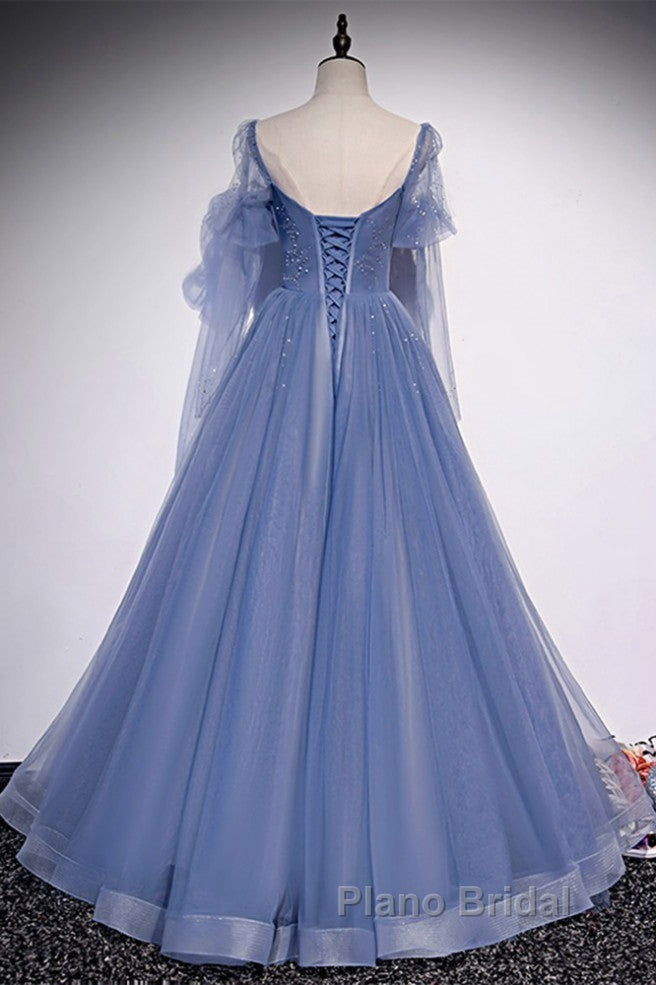 Beautiful Blue Sheer Beaded Long Party Dresses, A-Shaped Long Sleeved Backless And Floor Length Evening Dresses