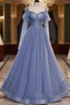 Beautiful Blue Sheer Beaded Long Party Dresses, A-Shaped Long Sleeved Backless And Floor Length Evening Dresses