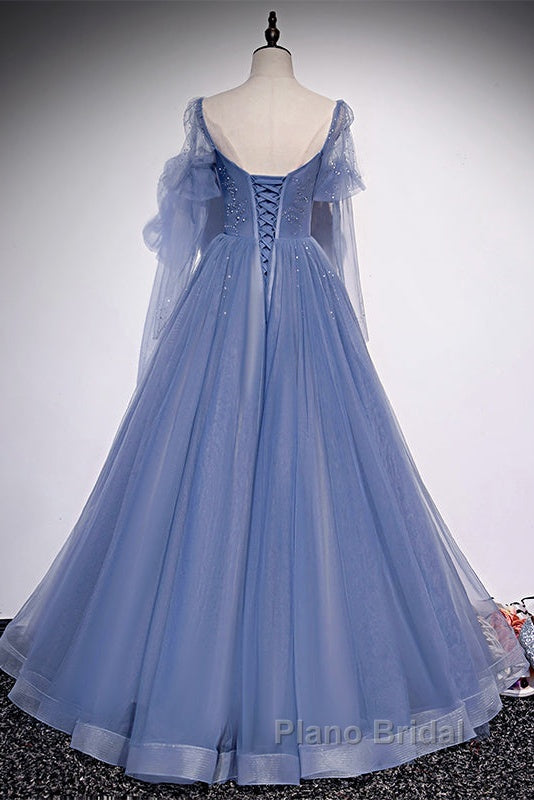Beautiful Blue Tulle Beaded Long Formal Dresses Party Dresses, A-Line Wedding Party Dresses Secondary image