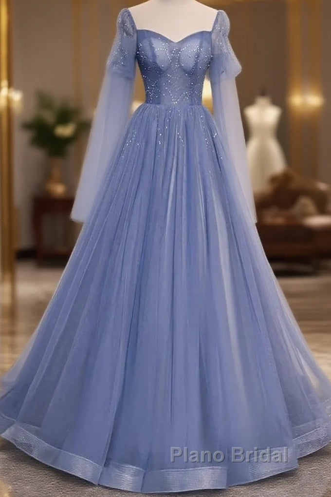 Beautiful Blue Tulle Beaded Long Formal Dresses Party Dresses, A-Line Wedding Party Dresses Main image