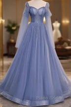 Beautiful Blue Tulle Beaded Long Formal Dresses Party Dresses, A-Line Wedding Party Dresses