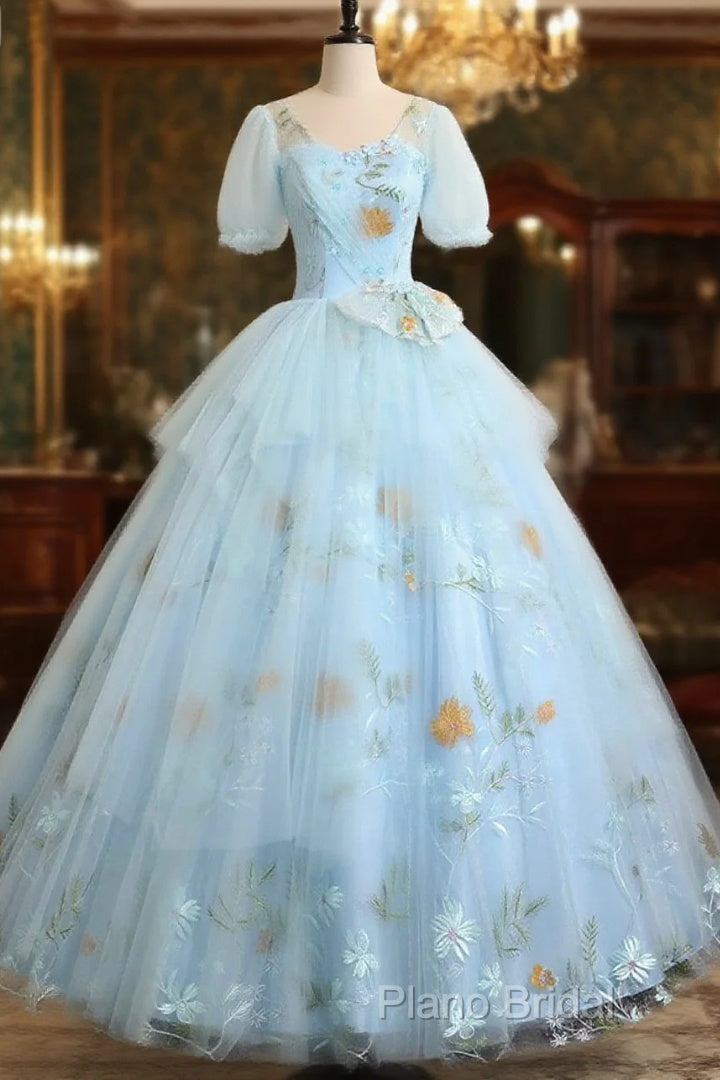 Beautiful Blue Tulle Short Sleeves Sweet 16 Dresses With Bow, Blue Formal Gown