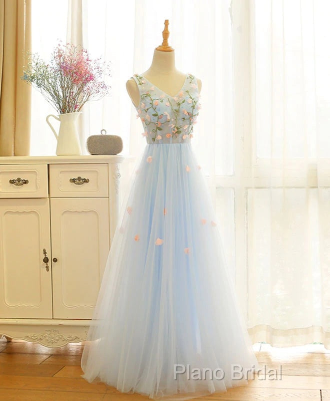 Beautiful Blue V-Neckline Floral Lace Tulle Party Dresses, A-Line Blue Formal Dresses Formal Prom Dresses