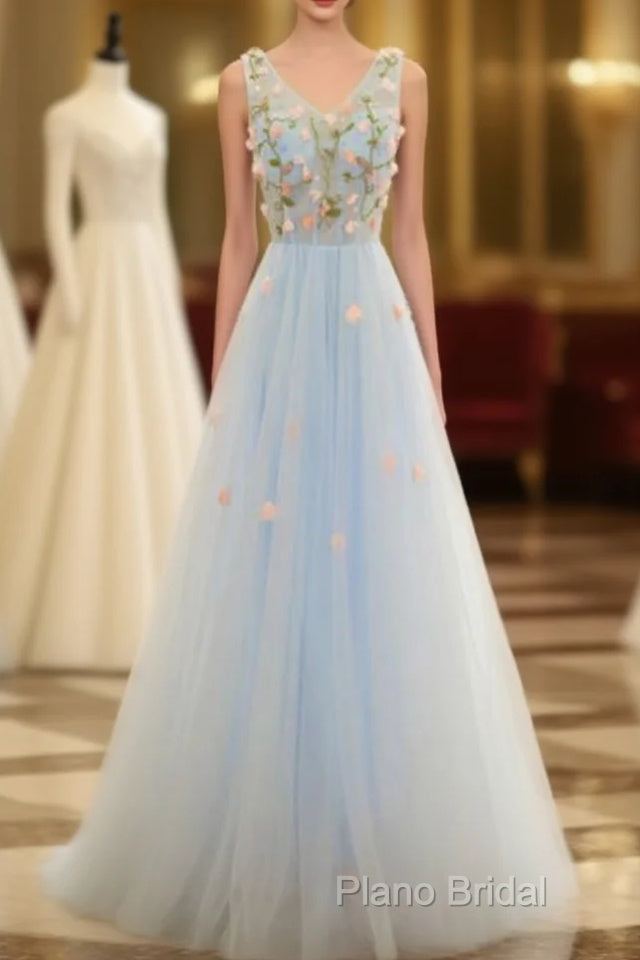 Beautiful Blue V-Neckline Floral Lace Tulle Party Dresses, A-Line Blue Formal Dresses Formal Prom Dresses