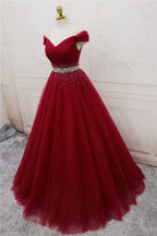 Beautiful Burgundy Long Tulle Off Shoulder Formal Prom Dresses , Junior Formal Prom Dresses
