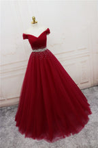 Beautiful Burgundy Long Tulle Off Shoulder Formal Prom Dresses , Junior Formal Prom Dresses