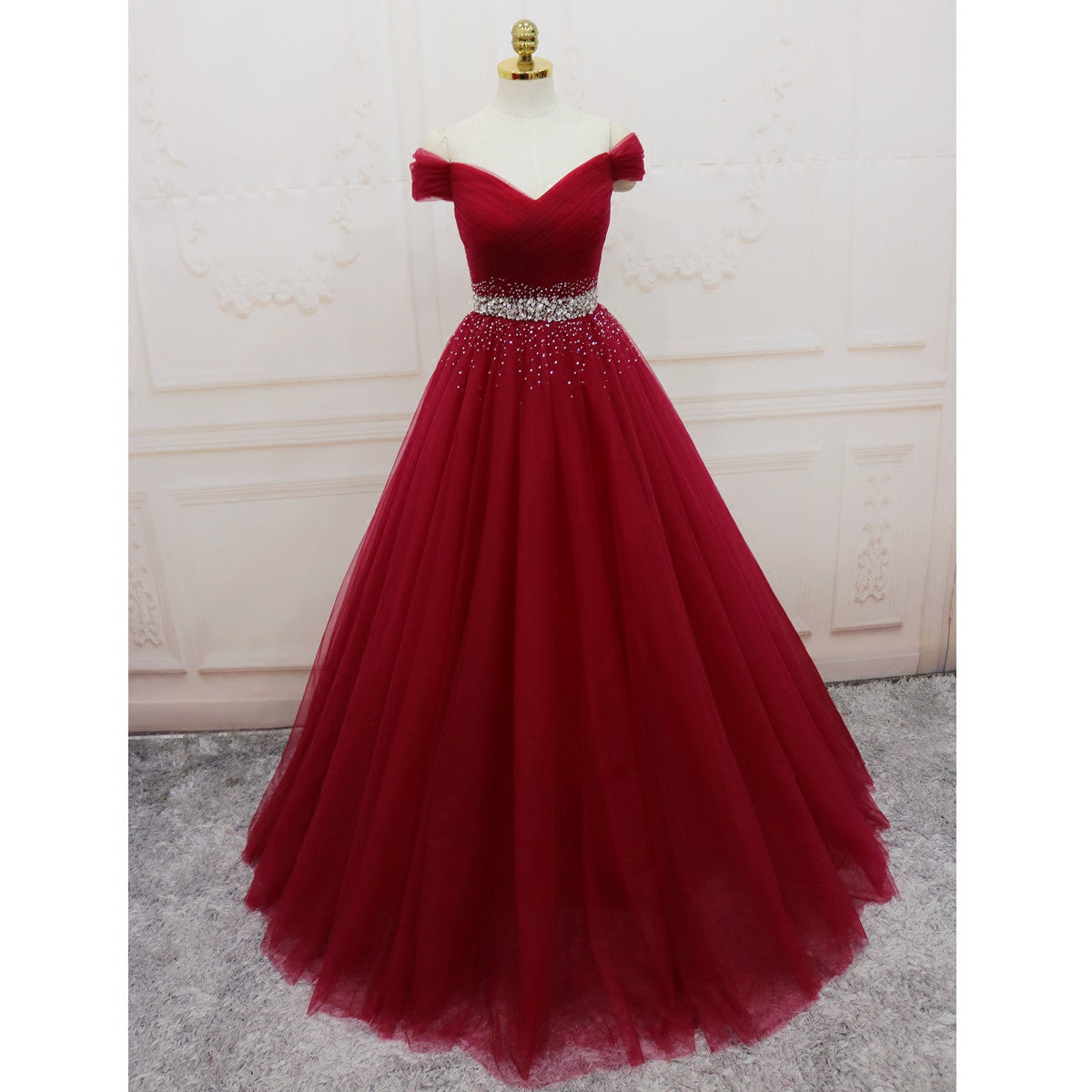 Beautiful Burgundy Long Tulle Off Shoulder Formal Prom Dresses , Junior Formal Prom Dresses
