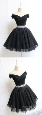 Beautiful Cute Charming Black Tulle V Neck Beaded Short Dresses, Black Homecoming Dresses
