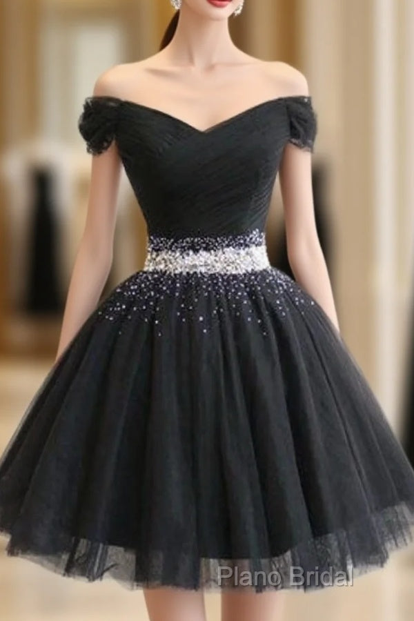 Beautiful Cute Charming Black Tulle V Neck Beaded Short Dresses, Black Homecoming Dresses Main image