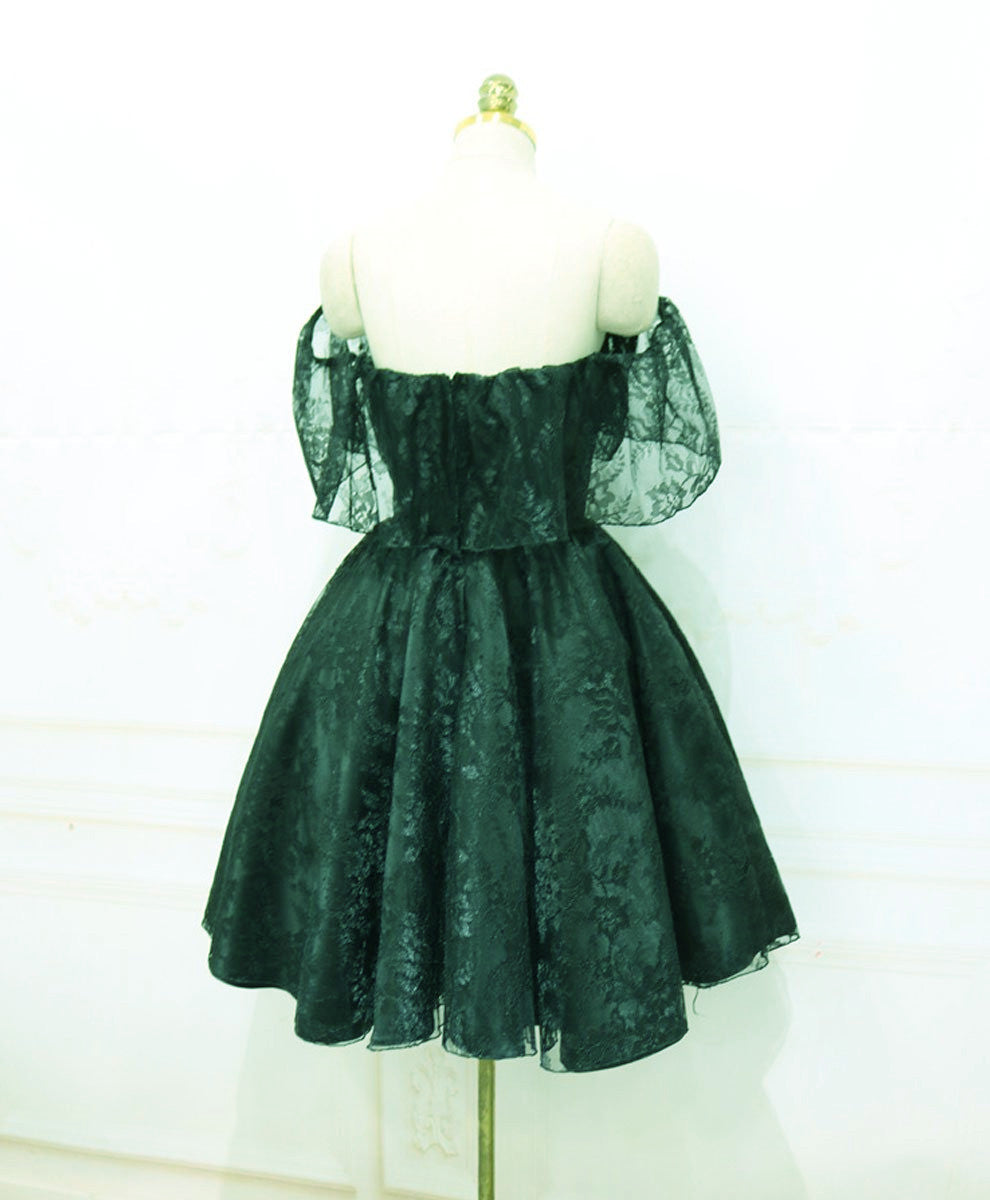 Beautiful Dark Green Lace Off Shoulder Short Party Dresses, Lace Homecoming Dresses