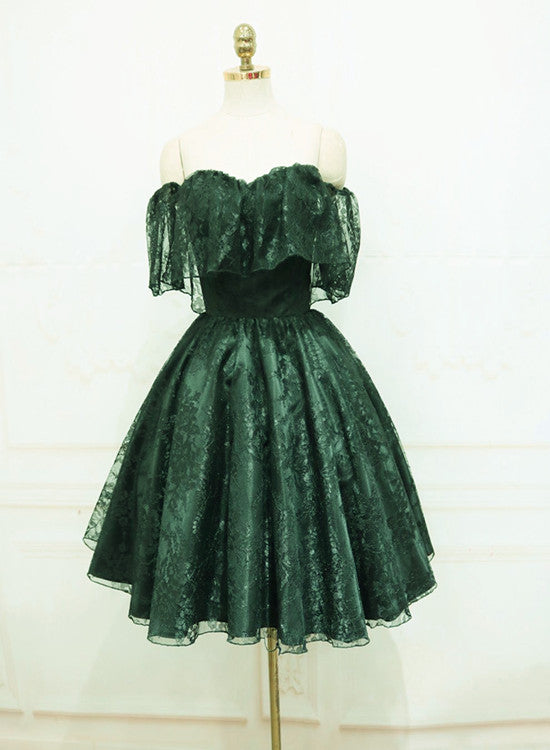 Beautiful Dark Green Lace Off Shoulder Short Party Dresses, Lace Homecoming Dresses