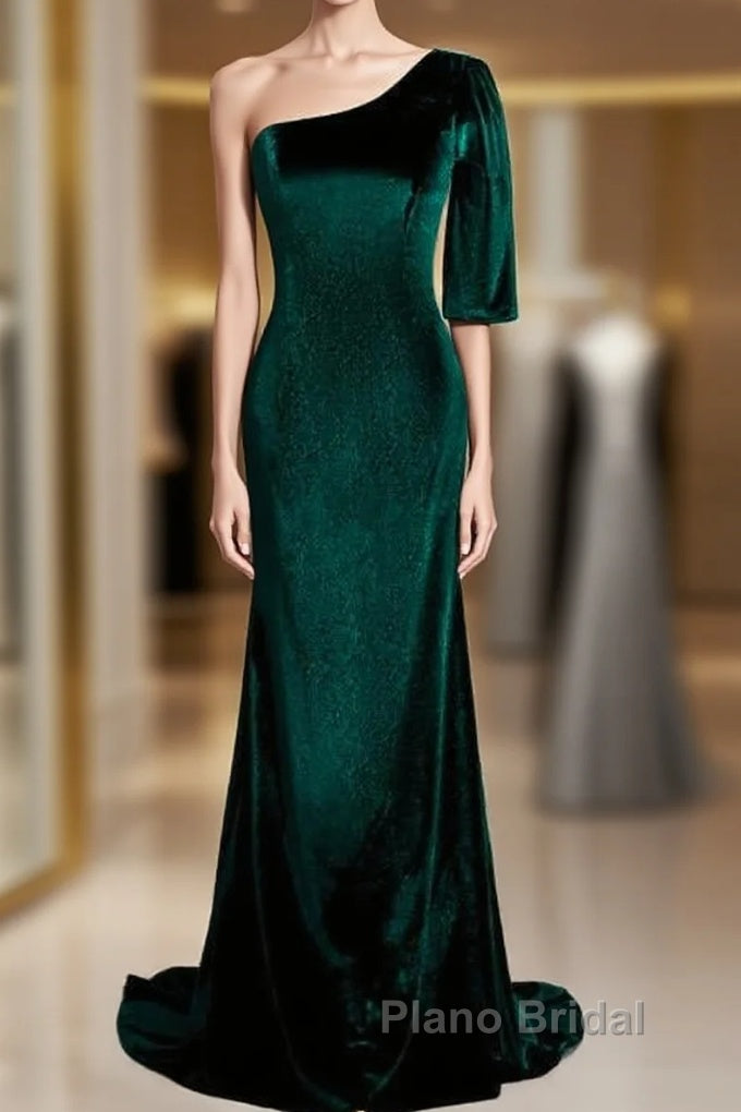 Beautiful Dark Green One Shoulder Evening Dresses, Green Mermaid Formal Dresses Main image