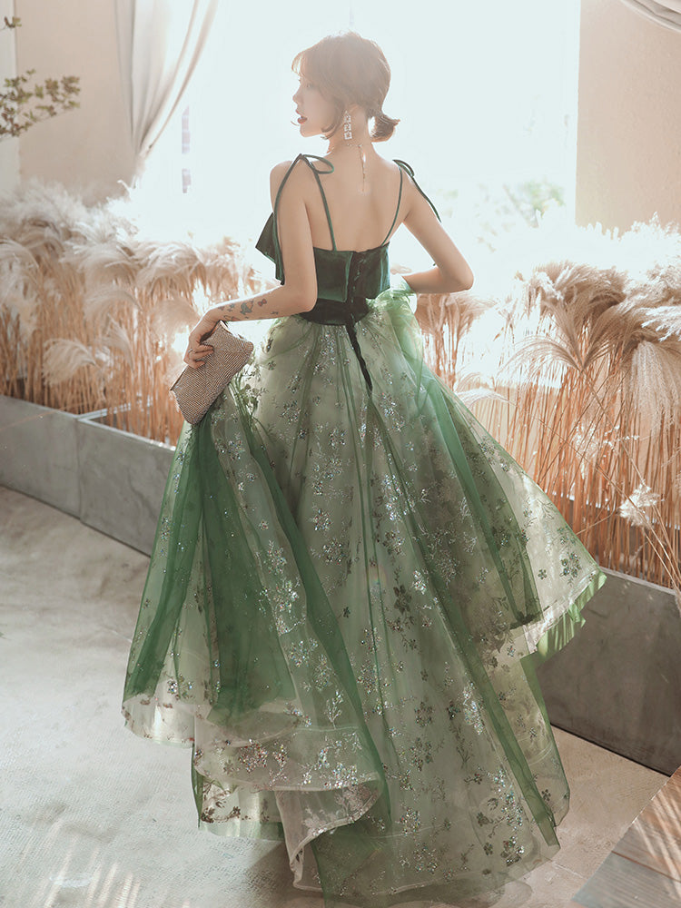 Beautiful Dark Green Straps Tulle With Velvet Party Dresses, Green Formal Evening Gown Formal Prom Dresses