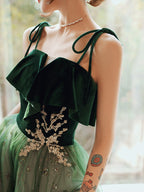 Beautiful Dark Green Straps Tulle With Velvet Party Dresses, Green Formal Evening Gown Formal Prom Dresses