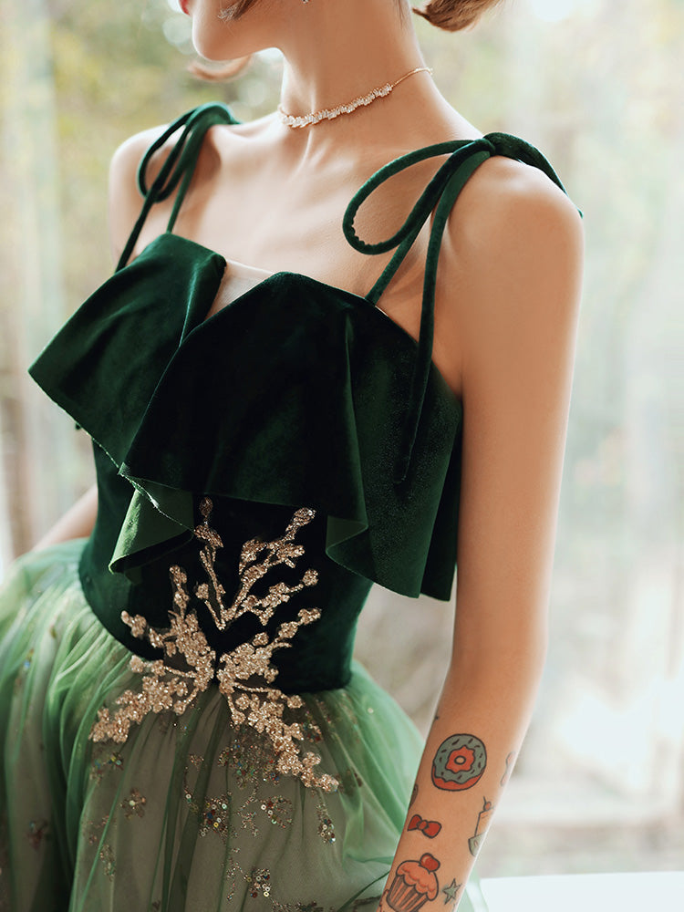 Beautiful Dark Green Straps Tulle With Velvet Party Dresses, Green Formal Evening Gown Formal Prom Dresses