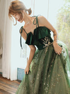 Beautiful Dark Green Straps Tulle With Velvet Party Dresses, Green Formal Evening Gown Formal Prom Dresses