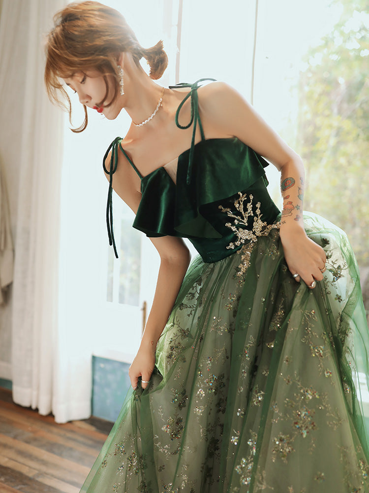 Beautiful Dark Green Straps Tulle With Velvet Party Dresses, Green Formal Evening Gown Formal Prom Dresses