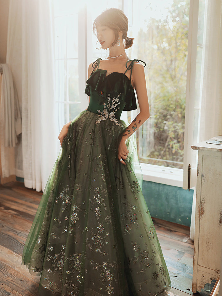 Beautiful Dark Green Straps Tulle With Velvet Party Dresses, Green Formal Evening Gown Formal Prom Dresses